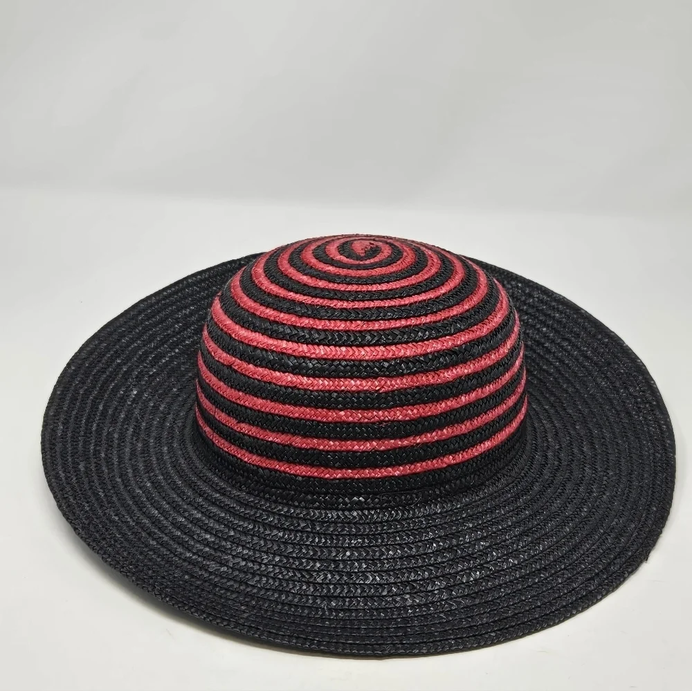 VINTAGE 100% NATURAL STRAW WOVEN HAT BLACK & RED SWIRL ITALY WOMEN OS WHIMSIGOTH - Picture 13 of 13
